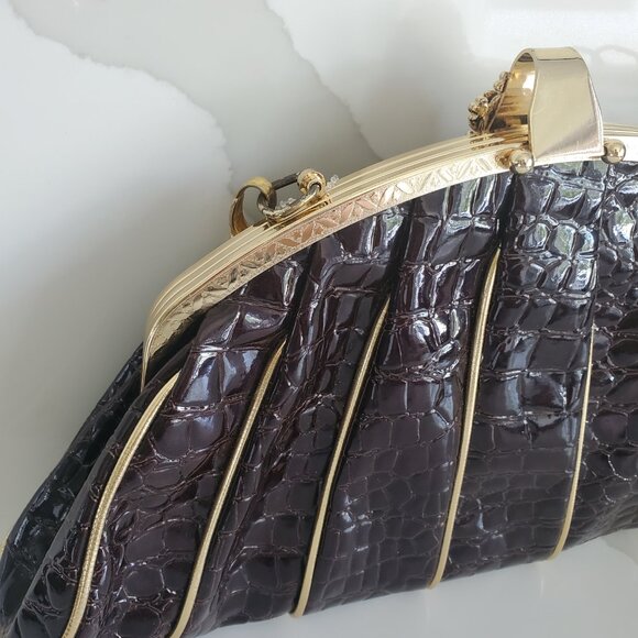 Vintage Brown Croc Evening Bag Clutch Bejewelled Clasp Optional Long Strap - Picture 6 of 12